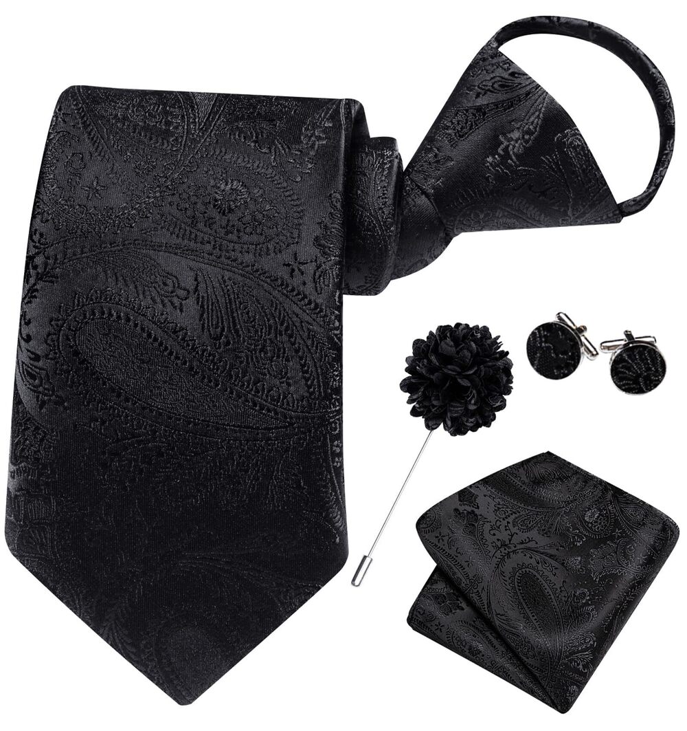 6540 Black Zipper Ties Paisley Adjustable Pre-Tied Necktie Lapel Pin Pocket